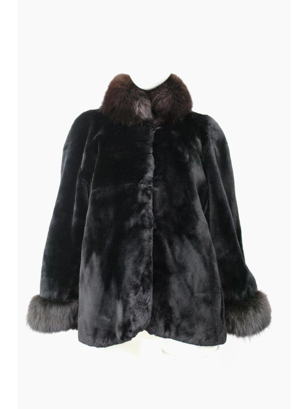 EXCELLENT BLACK SHEARED BEAVER & FOX FUR COAT JACKET WOMEN WOMAN SIZE 6 SMALL
